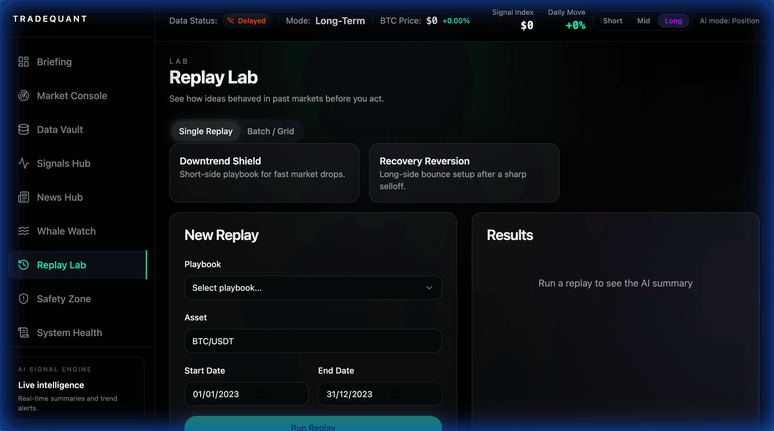 Backtest Studio showing historical replay results