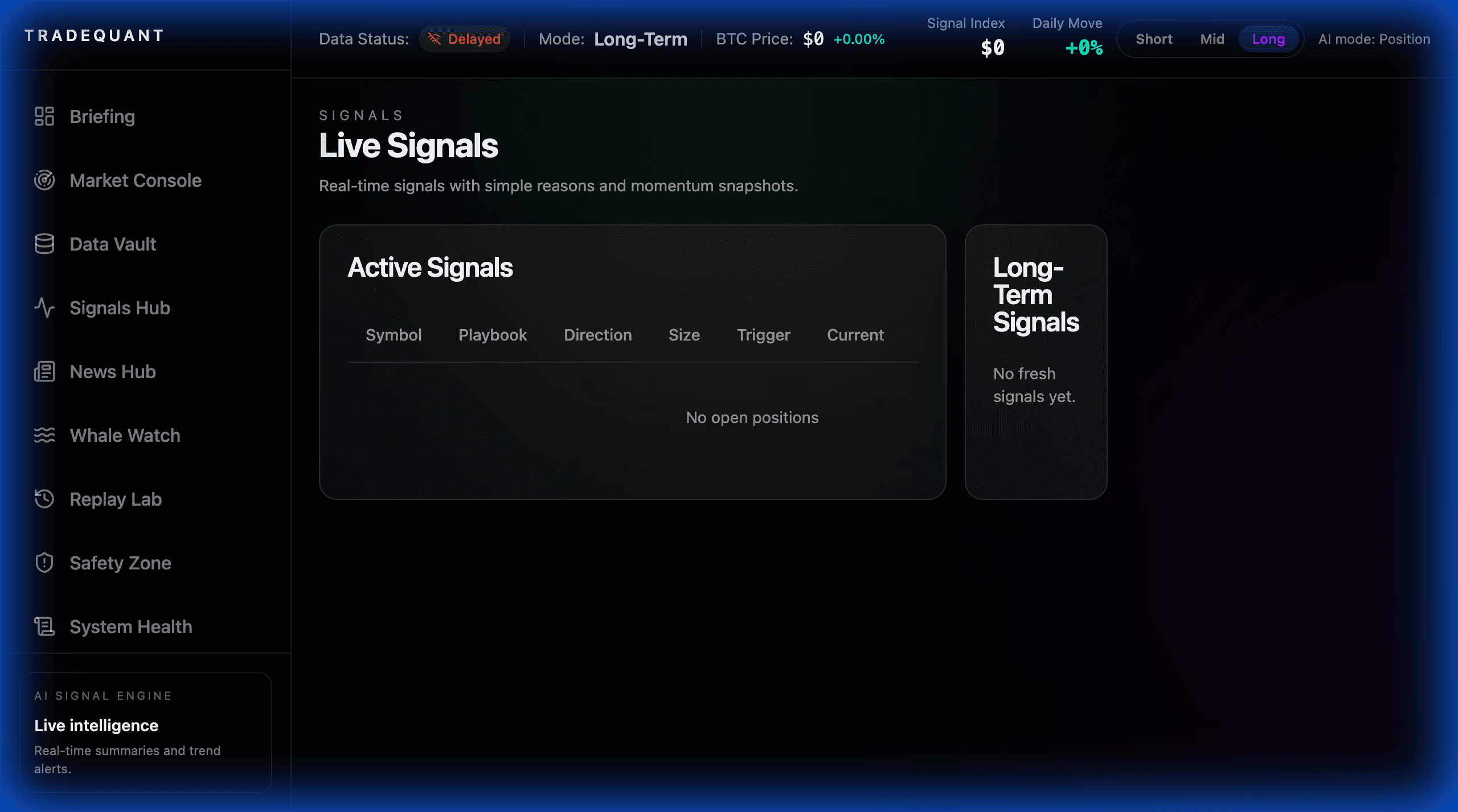 Live Trading monitor showing active bots and signals
